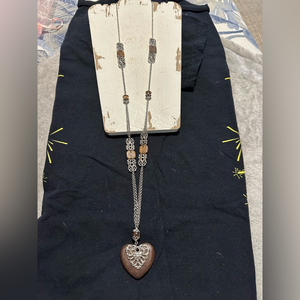 24 inch Brighton silver necklace with Wood beads and heart